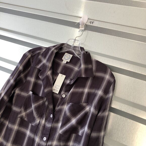 Francescas blue rain button up shirt small long sleeve plaid purple light ti - Picture 2 of 11